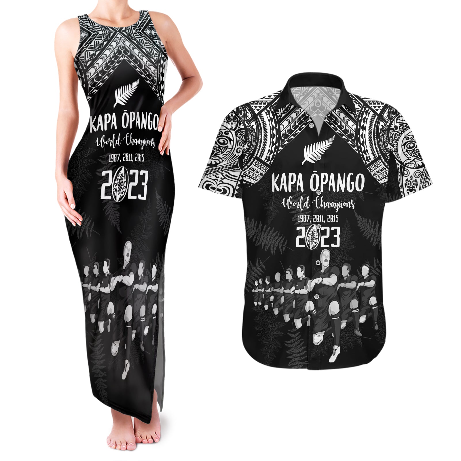 Custom NZ Rugby Couples Matching Tank Maxi Dress and Hawaiian Shirt Kapa Opango Maori Haka With Years of The All Black Champions LT9 Black - Polynesian Pride