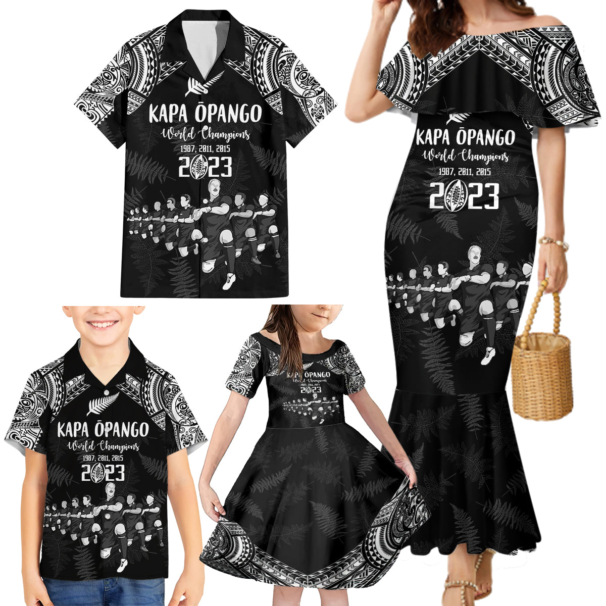 Custom NZ Rugby Family Matching Mermaid Dress and Hawaiian Shirt Kapa Opango Maori Haka With Years of The All Black Champions LT9 - Polynesian Pride