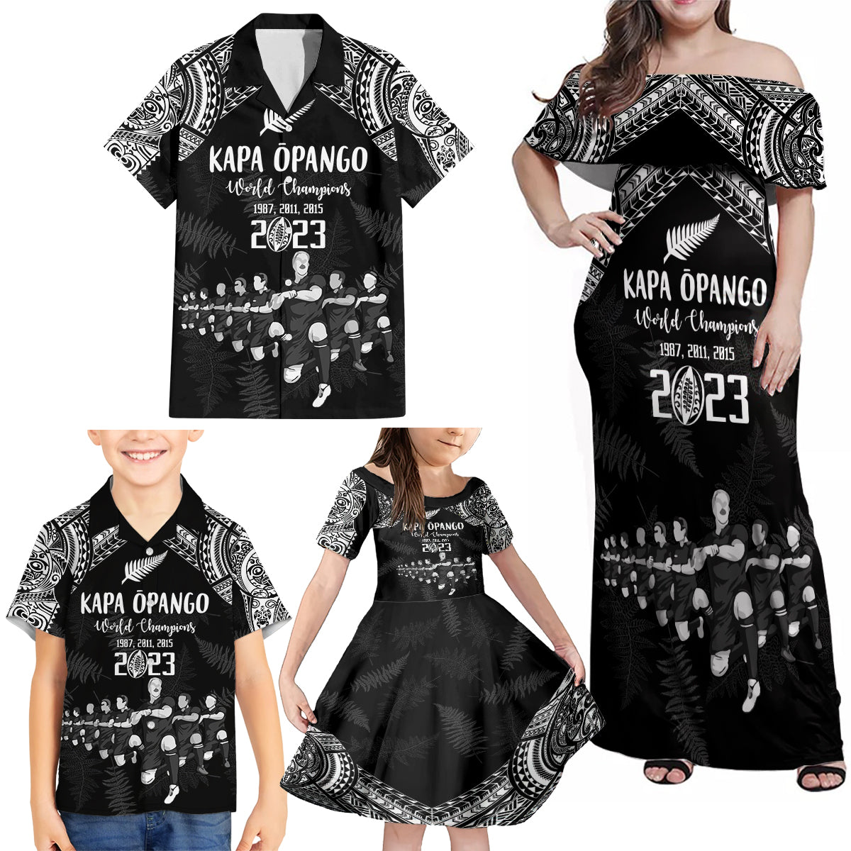 Custom NZ Rugby Family Matching Off Shoulder Maxi Dress and Hawaiian Shirt Kapa Opango Maori Haka With Years of The All Black Champions LT9 - Polynesian Pride