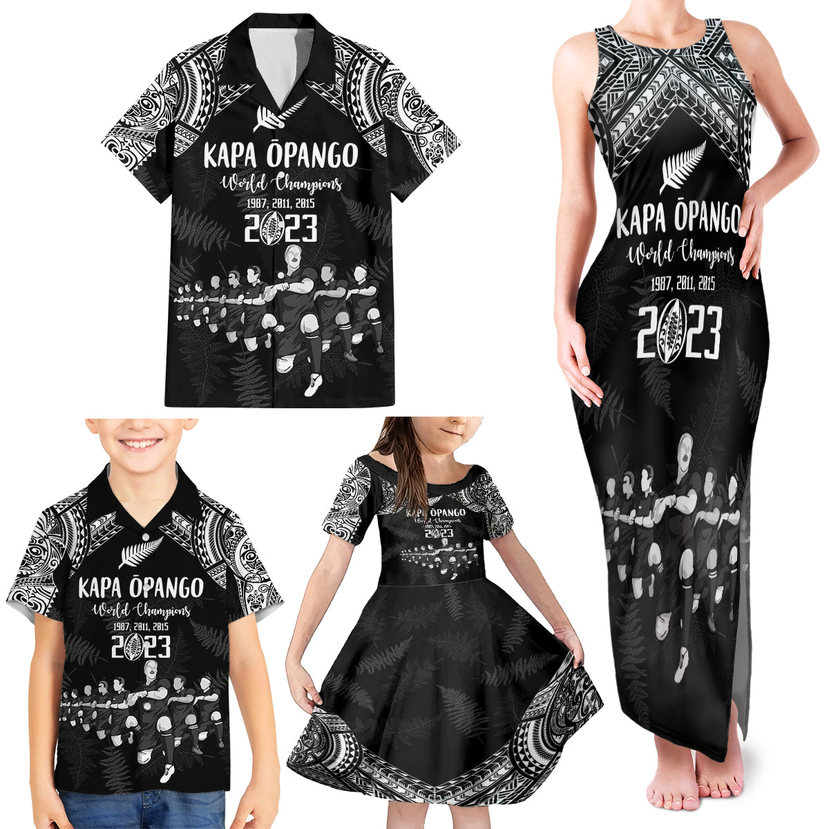 Custom NZ Rugby Family Matching Tank Maxi Dress and Hawaiian Shirt Kapa Opango Maori Haka With Years of The All Black Champions LT9 - Polynesian Pride