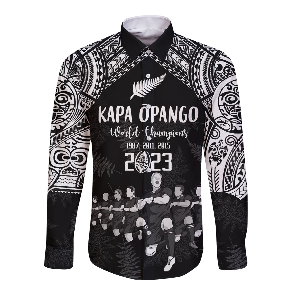 Custom NZ Rugby Long Sleeve Button Shirt Kapa Opango Maori Haka With Years of The All Black Champions LT9 Unisex Black - Polynesian Pride