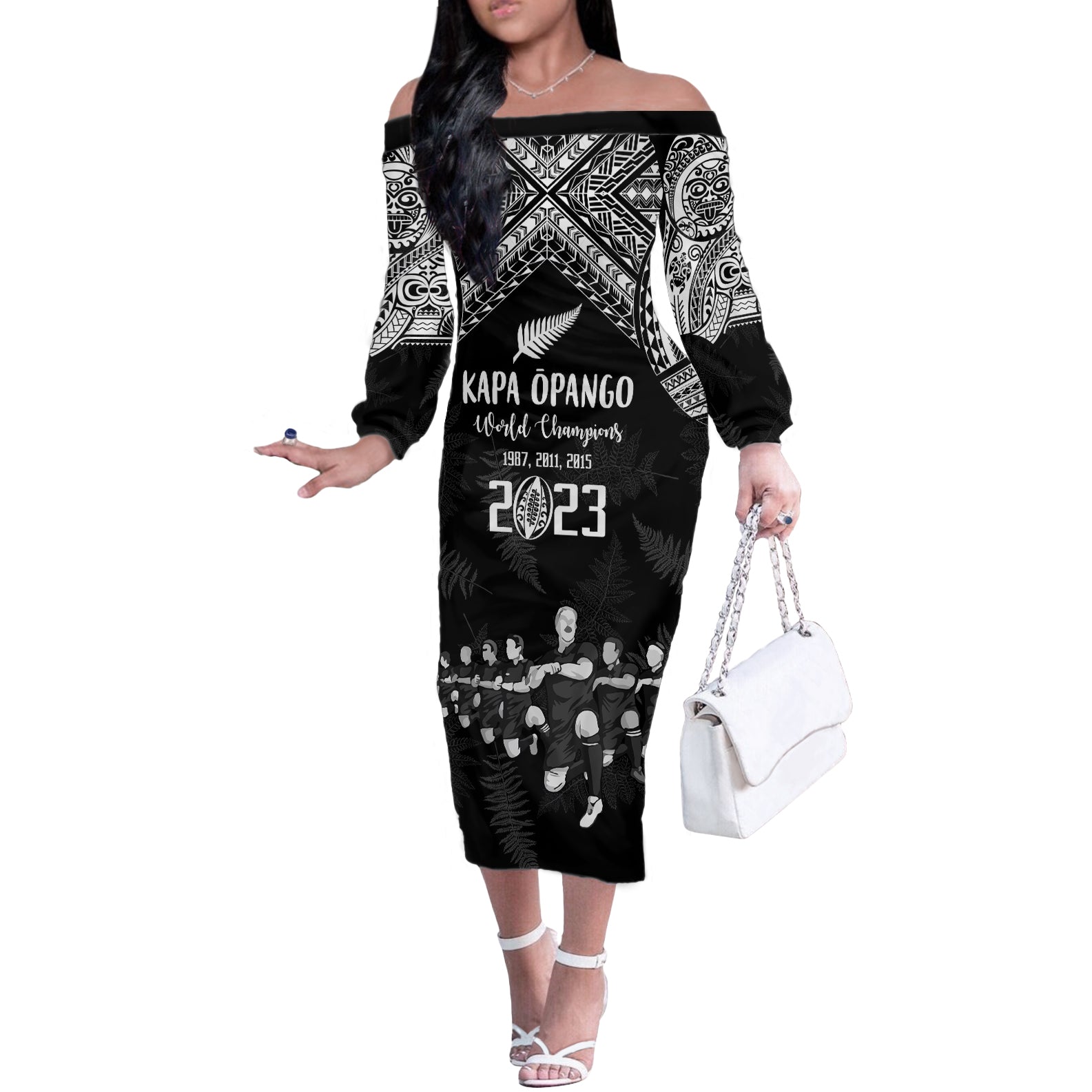 Custom NZ Rugby Off The Shoulder Long Sleeve Dress Kapa Opango Maori Haka With Years of The All Black Champions LT9 Women Black - Polynesian Pride