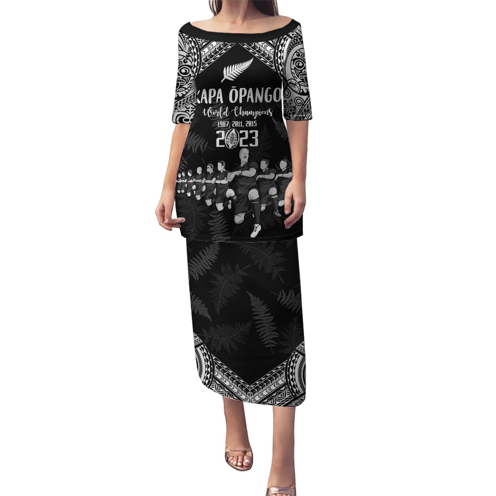 Custom NZ Rugby Puletasi Kapa Opango Maori Haka With Years of The All Black Champions LT9 Long Dress Black - Polynesian Pride