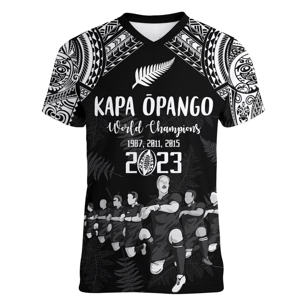 Custom NZ Rugby Women V Neck T Shirt Kapa Opango Maori Haka With Years of The All Black Champions LT9 Female Black - Polynesian Pride