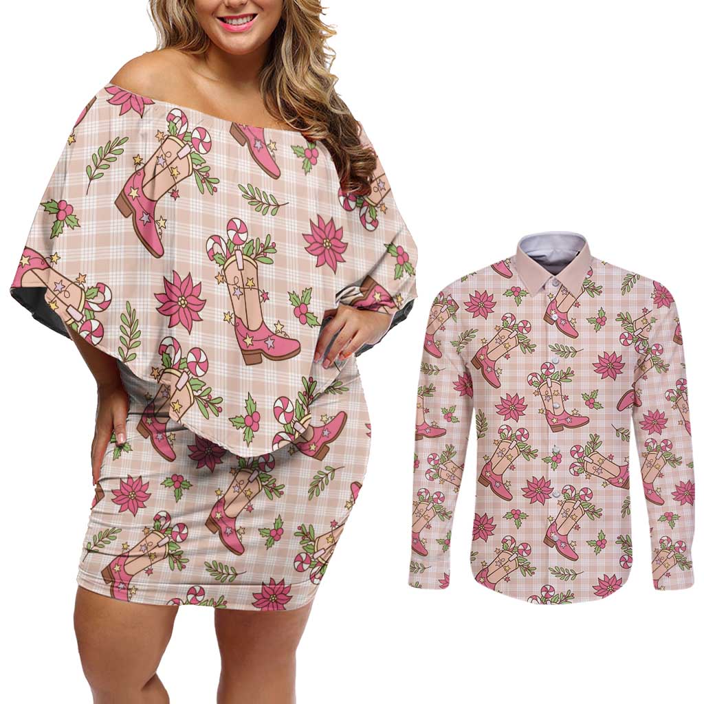 Beige Paniolo Palaka Hawaiian Cowgirl Christmas Couples Matching Off Shoulder Short Dress and Long Sleeve Button Shirt - Polynesian Pride