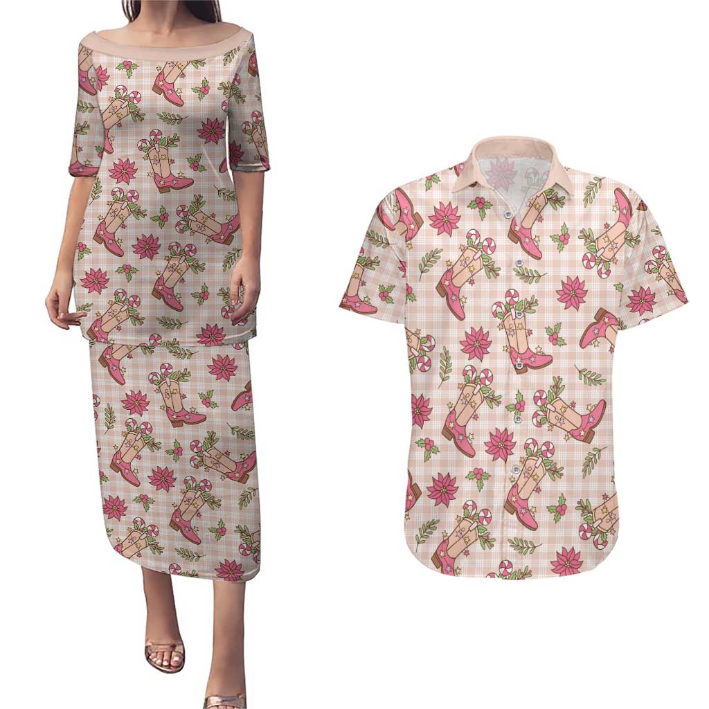 Beige Paniolo Palaka Hawaiian Cowgirl Christmas Couples Matching Puletasi and Hawaiian Shirt - Polynesian Pride