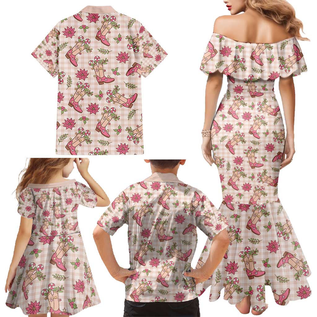 Beige Paniolo Palaka Hawaiian Cowgirl Christmas Family Matching Mermaid Dress and Hawaiian Shirt - Polynesian Pride