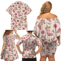 Beige Paniolo Palaka Hawaiian Cowgirl Christmas Family Matching Off Shoulder Short Dress and Hawaiian Shirt - Polynesian Pride
