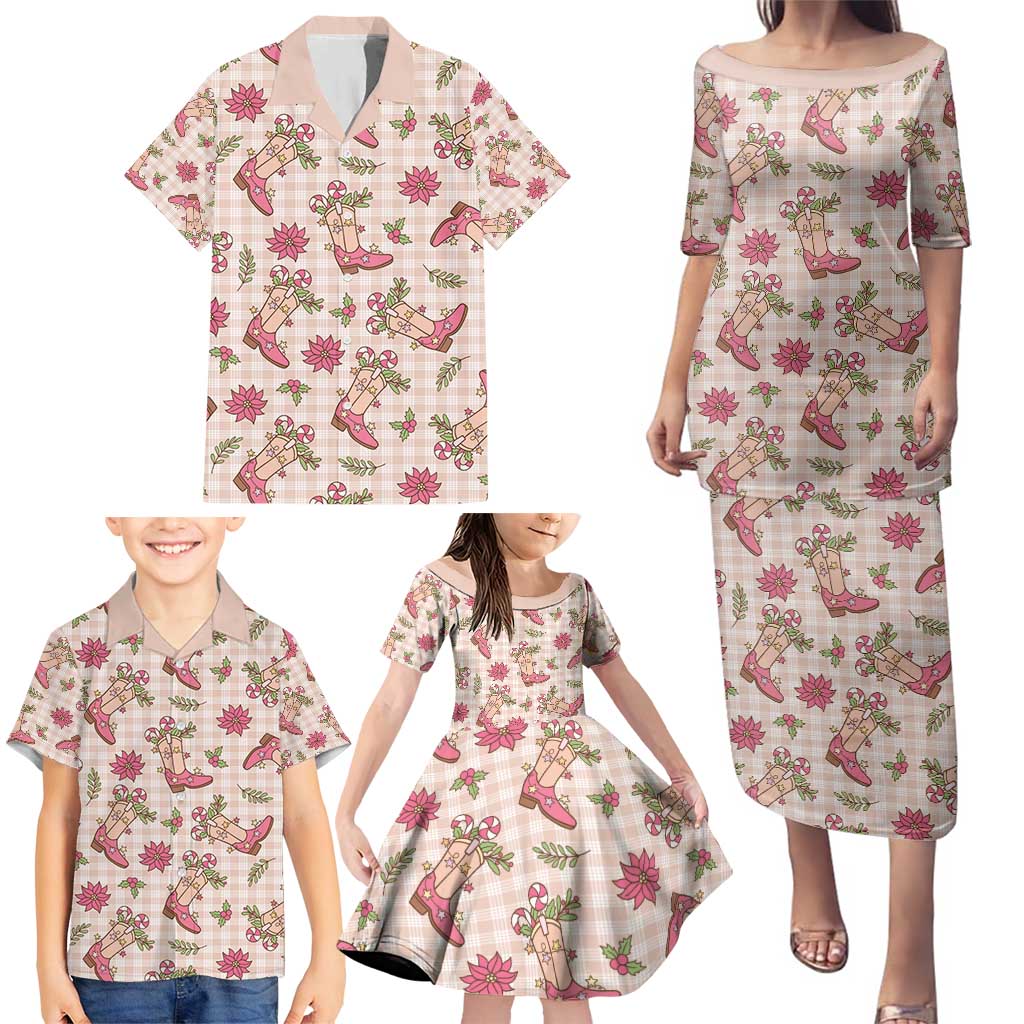 Beige Paniolo Palaka Hawaiian Cowgirl Christmas Family Matching Puletasi and Hawaiian Shirt - Polynesian Pride