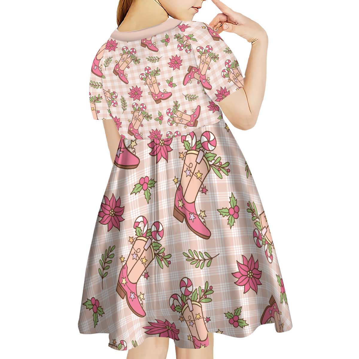 Beige Paniolo Palaka Hawaiian Cowgirl Christmas Kid Short Sleeve Dress - Polynesian Pride