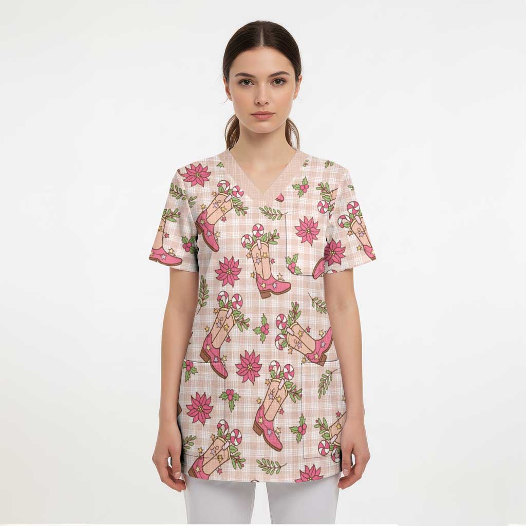 Beige Paniolo Palaka Hawaiian Cowgirl Christmas Scrub Top - Polynesian Pride