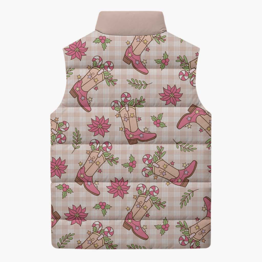 Beige Paniolo Palaka Hawaiian Cowgirl Christmas Sleeveless Puffer Jacket - Polynesian Pride