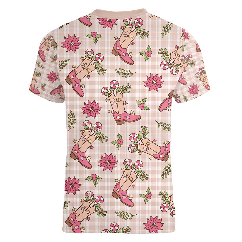 Beige Paniolo Palaka Hawaiian Cowgirl Christmas Women V-Neck T-Shirt - Polynesian Pride