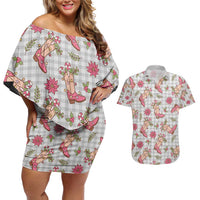 Gray Paniolo Palaka Hawaiian Cowgirl Christmas Couples Matching Off Shoulder Short Dress and Hawaiian Shirt - Polynesian Pride