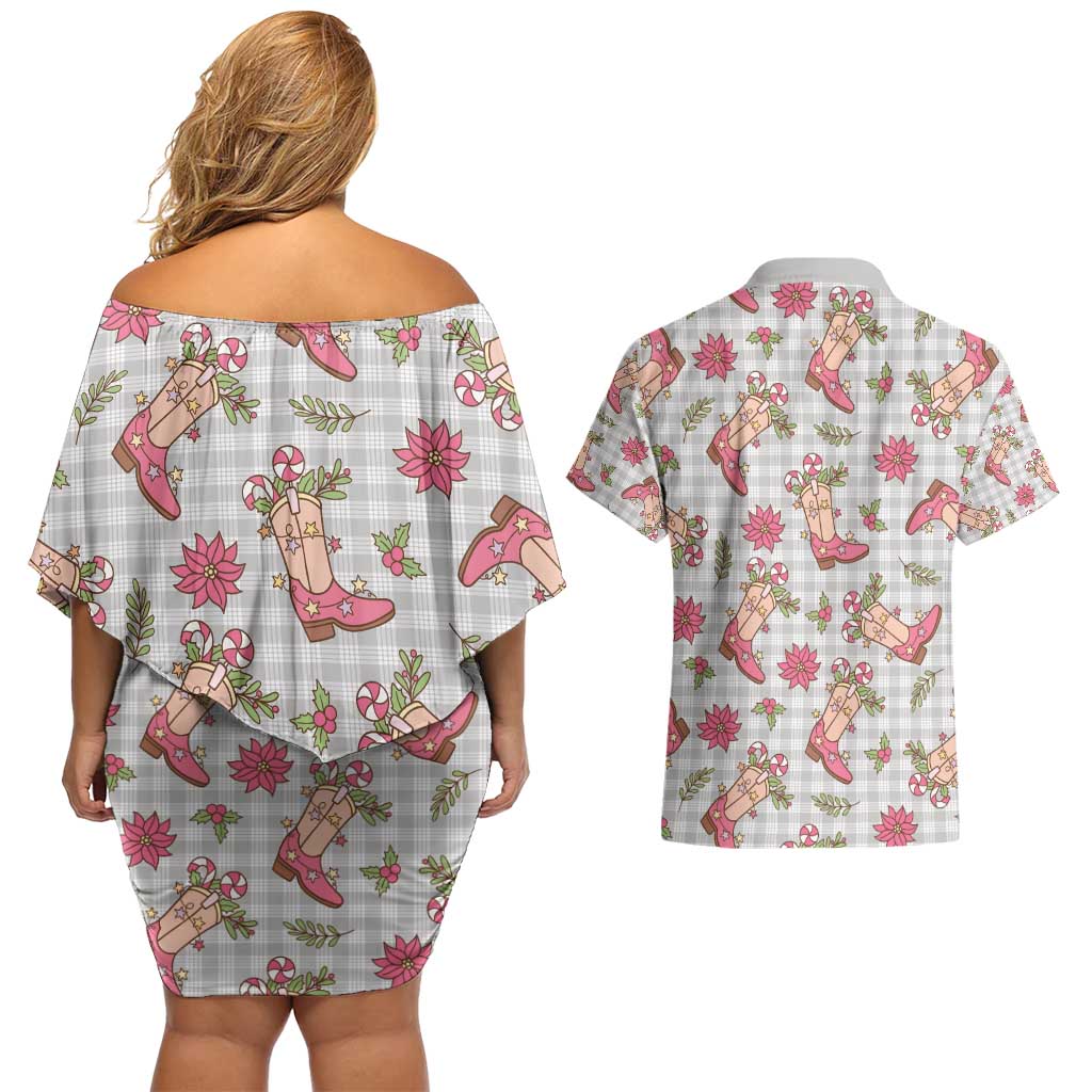 Gray Paniolo Palaka Hawaiian Cowgirl Christmas Couples Matching Off Shoulder Short Dress and Hawaiian Shirt - Polynesian Pride