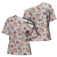 Gray Paniolo Palaka Hawaiian Cowgirl Christmas Cross Shoulder Shirt - Polynesian Pride
