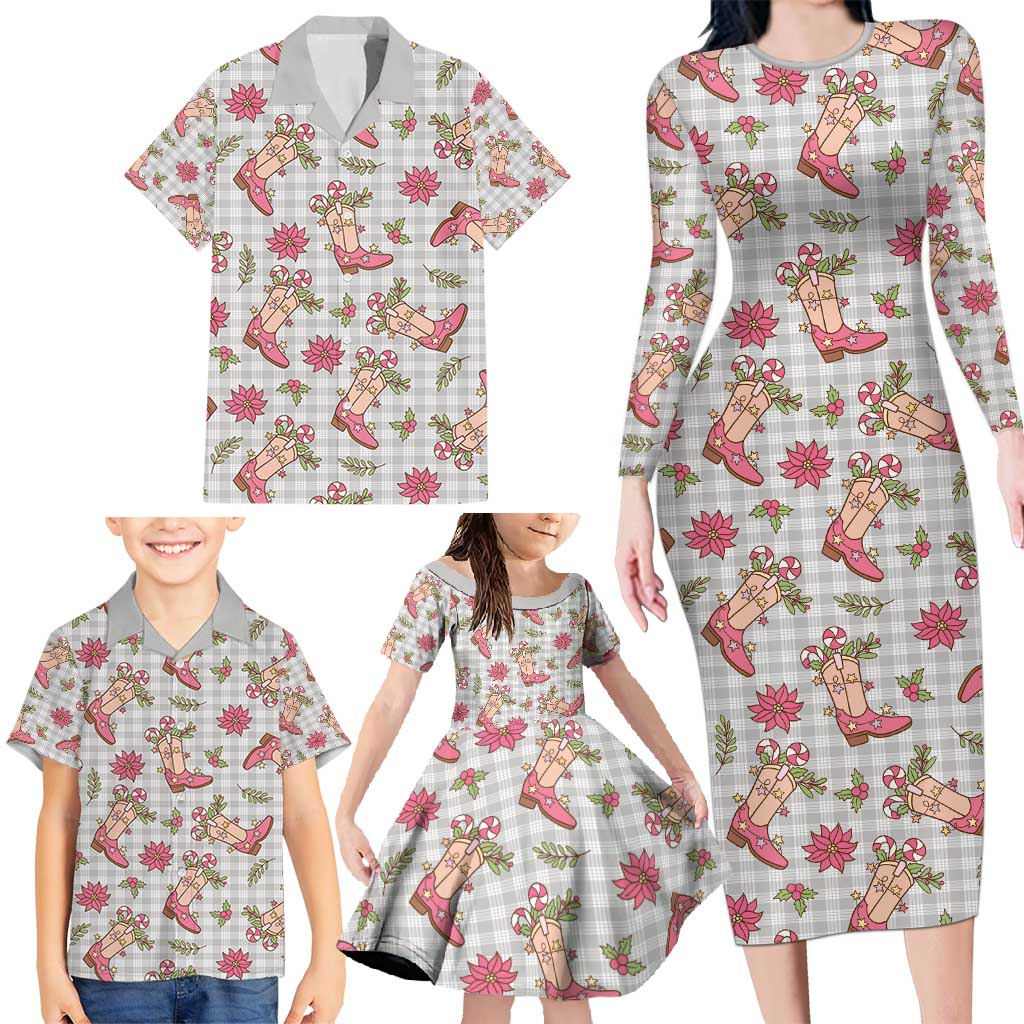 Gray Paniolo Palaka Hawaiian Cowgirl Christmas Family Matching Long Sleeve Bodycon Dress and Hawaiian Shirt - Polynesian Pride
