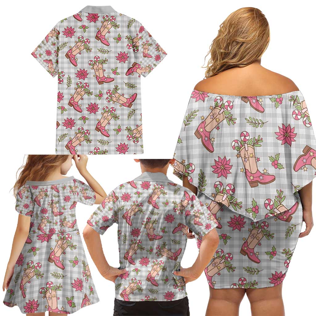Gray Paniolo Palaka Hawaiian Cowgirl Christmas Family Matching Off Shoulder Short Dress and Hawaiian Shirt - Polynesian Pride