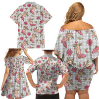 Gray Paniolo Palaka Hawaiian Cowgirl Christmas Family Matching Off Shoulder Short Dress and Hawaiian Shirt - Polynesian Pride