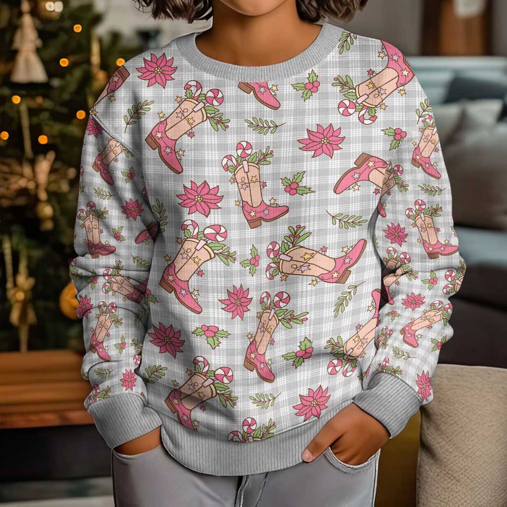 Gray Paniolo Palaka Hawaiian Cowgirl Christmas Kid Ugly Christmas Sweater LT9 - Polynesian Pride