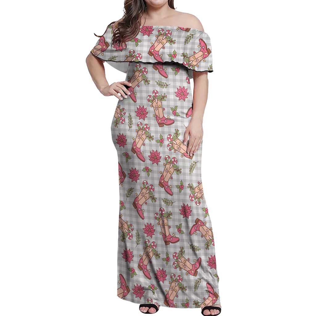 Gray Paniolo Palaka Hawaiian Cowgirl Christmas Off Shoulder Maxi Dress - Polynesian Pride