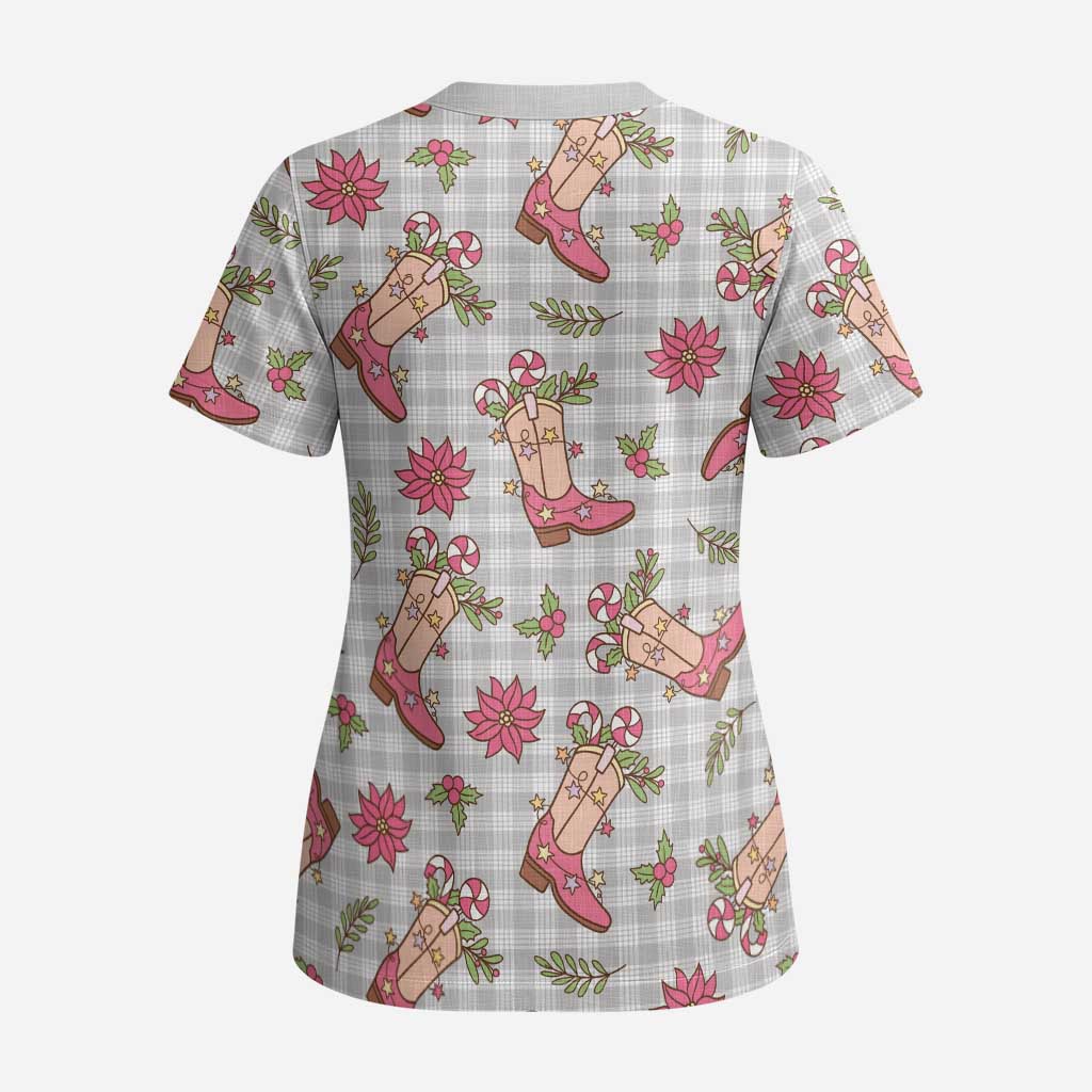 Gray Paniolo Palaka Hawaiian Cowgirl Christmas Scrub Top - Polynesian Pride