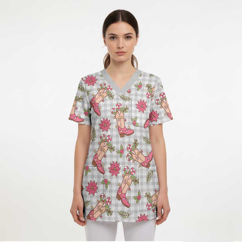Gray Paniolo Palaka Hawaiian Cowgirl Christmas Scrub Top - Polynesian Pride