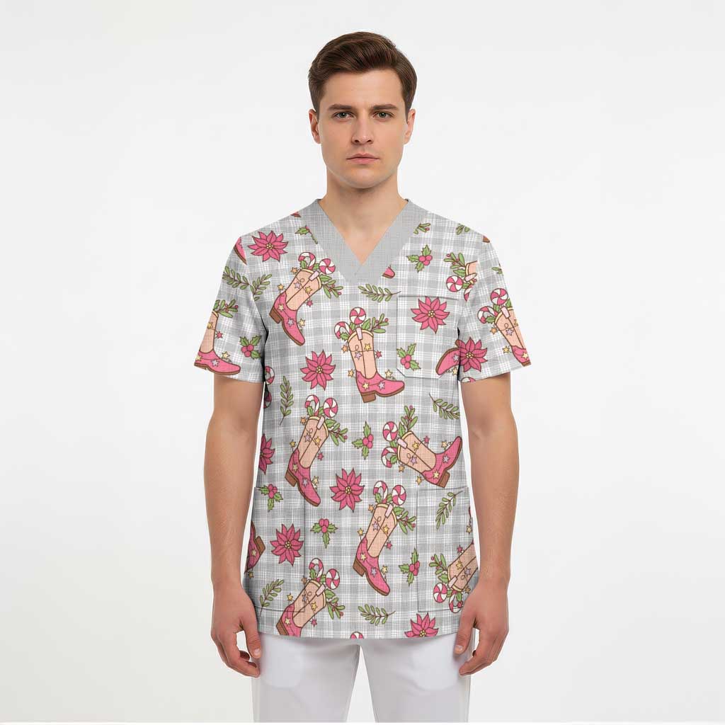 Gray Paniolo Palaka Hawaiian Cowgirl Christmas Scrub Top - Polynesian Pride