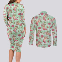 Green Paniolo Palaka Hawaiian Cowgirl Christmas Couples Matching Long Sleeve Bodycon Dress and Long Sleeve Button Shirt - Polynesian Pride