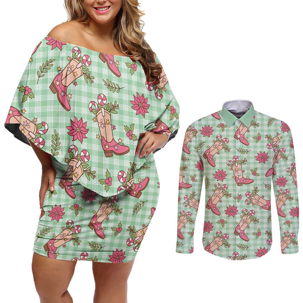 Green Paniolo Palaka Hawaiian Cowgirl Christmas Couples Matching Off Shoulder Short Dress and Long Sleeve Button Shirt - Polynesian Pride