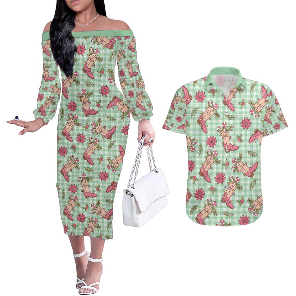 Green Paniolo Palaka Hawaiian Cowgirl Christmas Couples Matching Off The Shoulder Long Sleeve Dress and Hawaiian Shirt - Polynesian Pride