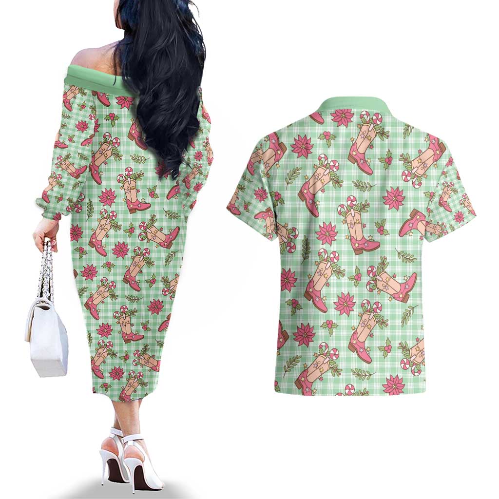 Green Paniolo Palaka Hawaiian Cowgirl Christmas Couples Matching Off The Shoulder Long Sleeve Dress and Hawaiian Shirt - Polynesian Pride