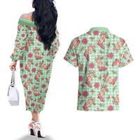 Green Paniolo Palaka Hawaiian Cowgirl Christmas Couples Matching Off The Shoulder Long Sleeve Dress and Hawaiian Shirt - Polynesian Pride