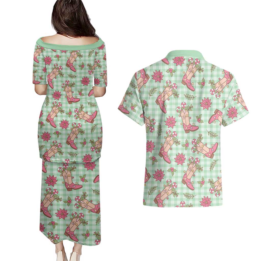 Green Paniolo Palaka Hawaiian Cowgirl Christmas Couples Matching Puletasi and Hawaiian Shirt - Polynesian Pride