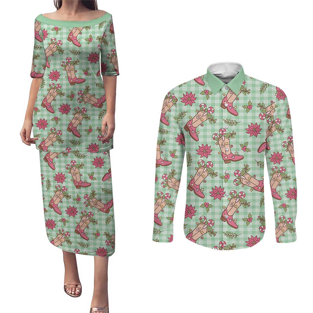 Green Paniolo Palaka Hawaiian Cowgirl Christmas Couples Matching Puletasi and Long Sleeve Button Shirt LT9 Green - Polynesian Pride