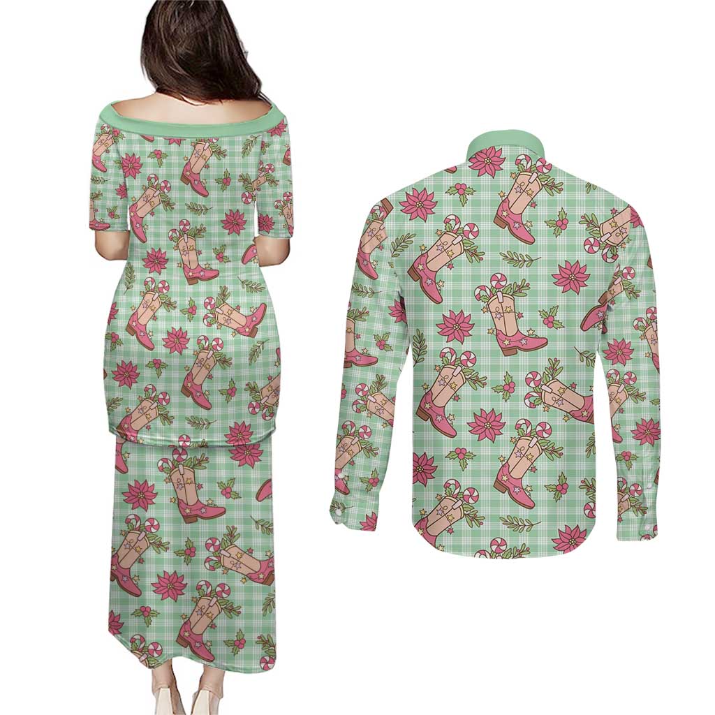 Green Paniolo Palaka Hawaiian Cowgirl Christmas Couples Matching Puletasi and Long Sleeve Button Shirt - Polynesian Pride