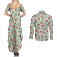Green Paniolo Palaka Hawaiian Cowgirl Christmas Couples Matching Summer Maxi Dress and Long Sleeve Button Shirt - Polynesian Pride