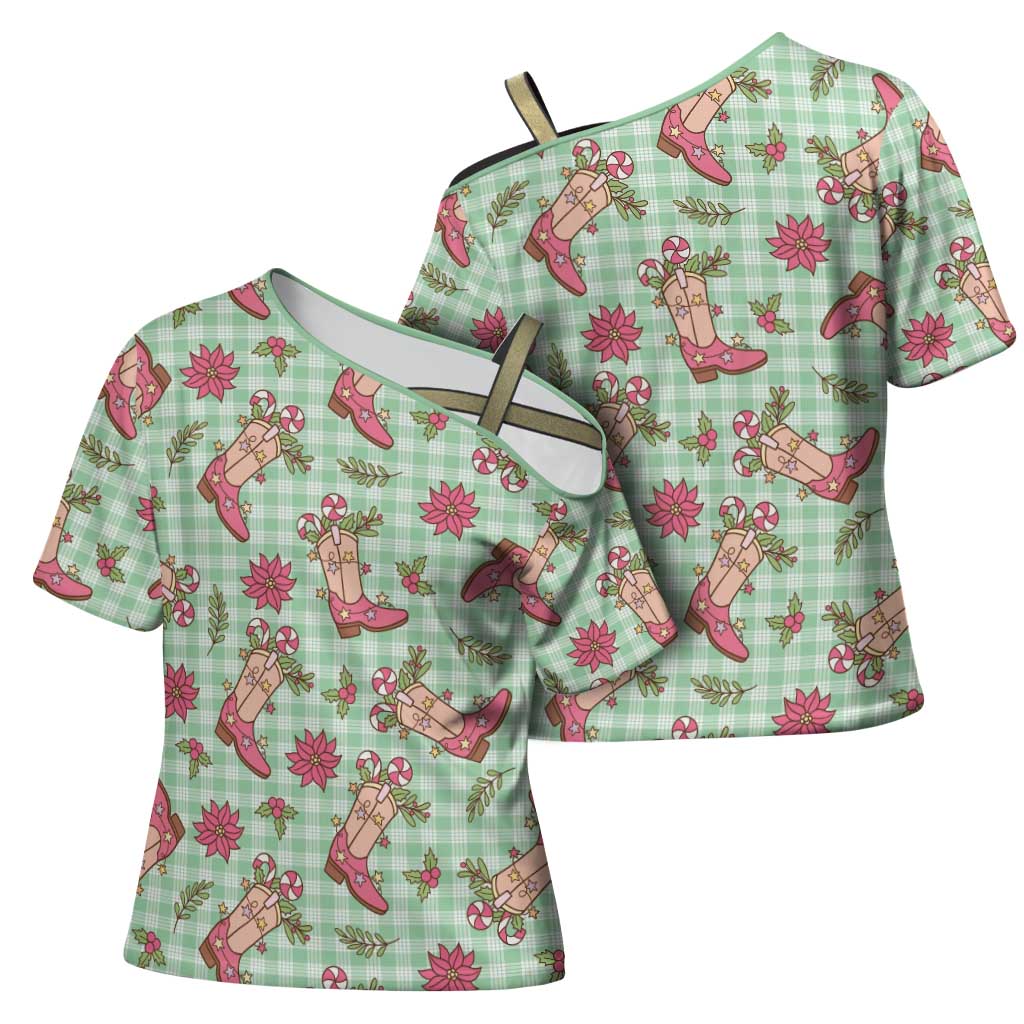 Green Paniolo Palaka Hawaiian Cowgirl Christmas Cross Shoulder Shirt LT9 - Polynesian Pride