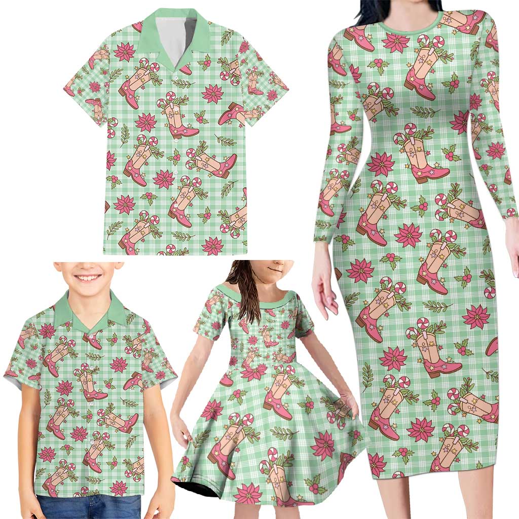 Green Paniolo Palaka Hawaiian Cowgirl Christmas Family Matching Long Sleeve Bodycon Dress and Hawaiian Shirt - Polynesian Pride