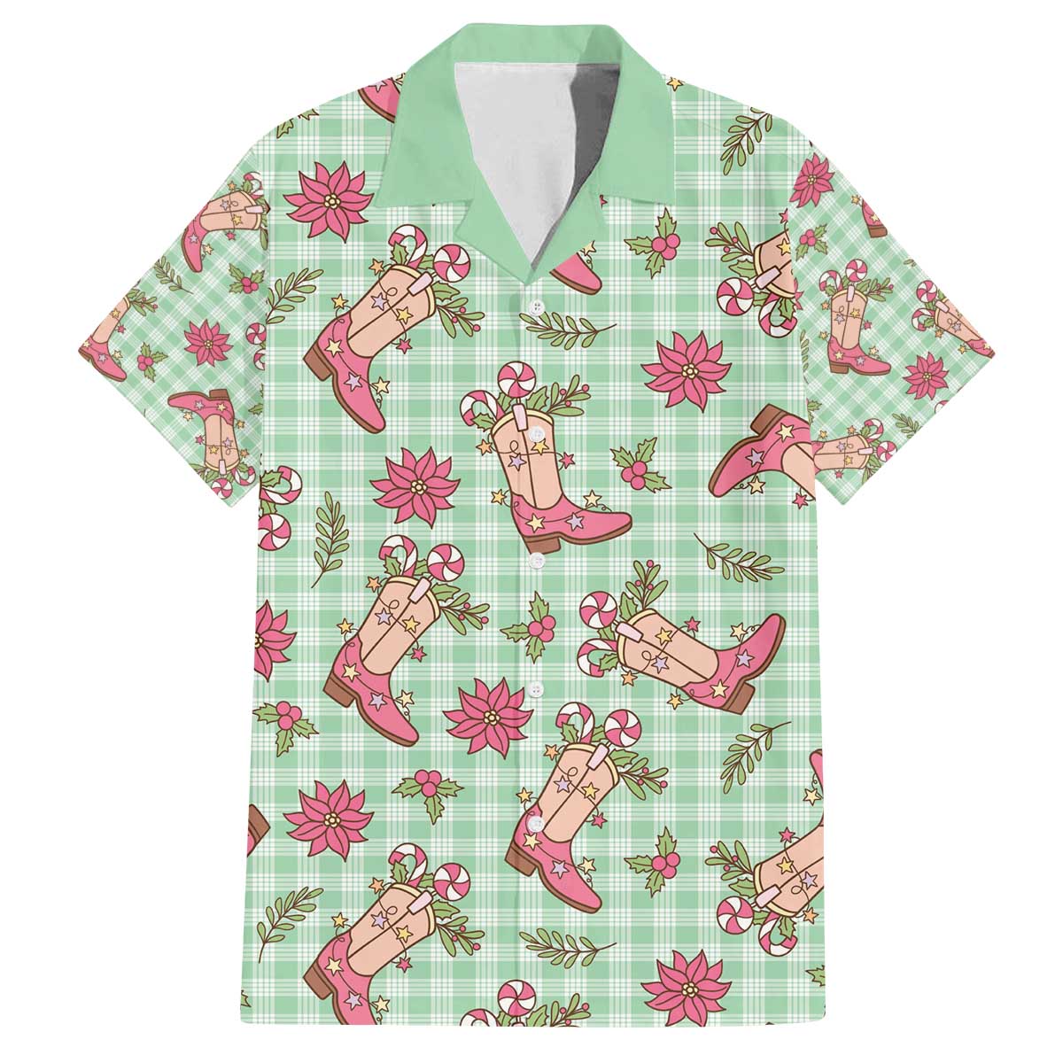 Green Paniolo Palaka Hawaiian Cowgirl Christmas Family Matching Off The Shoulder Long Sleeve Dress and Hawaiian Shirt - Polynesian Pride