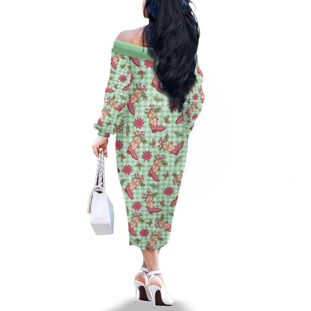 Green Paniolo Palaka Hawaiian Cowgirl Christmas Family Matching Off The Shoulder Long Sleeve Dress and Hawaiian Shirt - Polynesian Pride