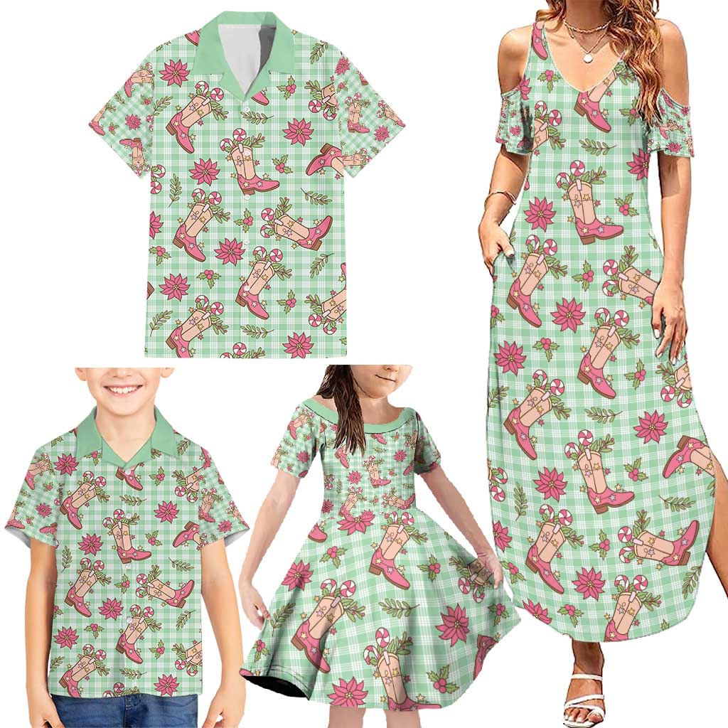 Green Paniolo Palaka Hawaiian Cowgirl Christmas Family Matching Summer Maxi Dress and Hawaiian Shirt - Polynesian Pride