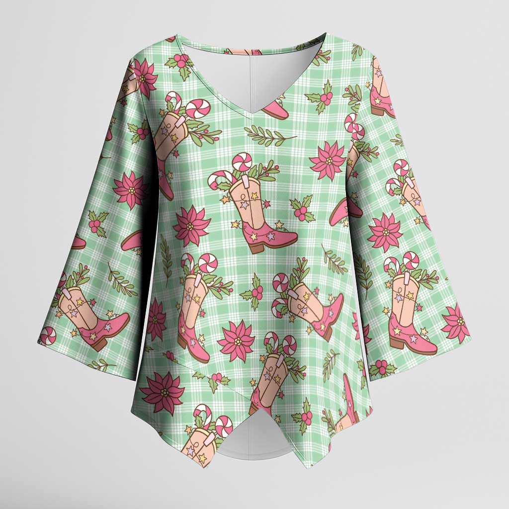 Green Paniolo Palaka Hawaiian Cowgirl Christmas Kimono Sleeve Blouse LT9 Female Green - Polynesian Pride