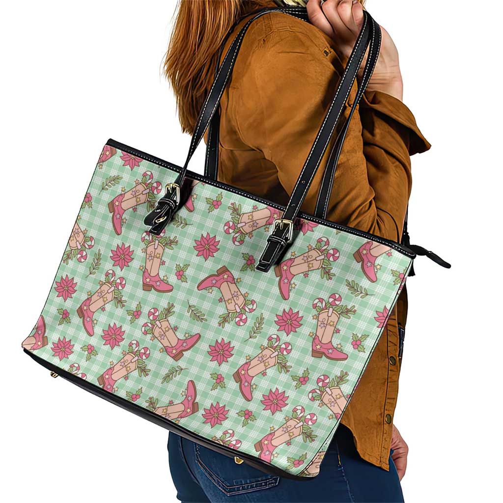 Green Paniolo Palaka Hawaiian Cowgirl Christmas Leather Tote Bag - Polynesian Pride