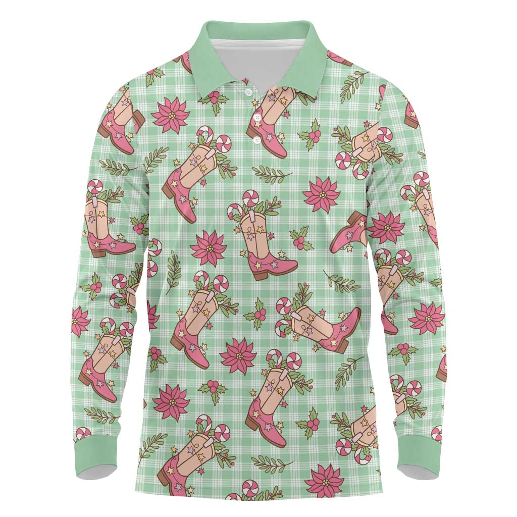 Green Paniolo Palaka Hawaiian Cowgirl Christmas Long Sleeve Polo Shirt - Polynesian Pride