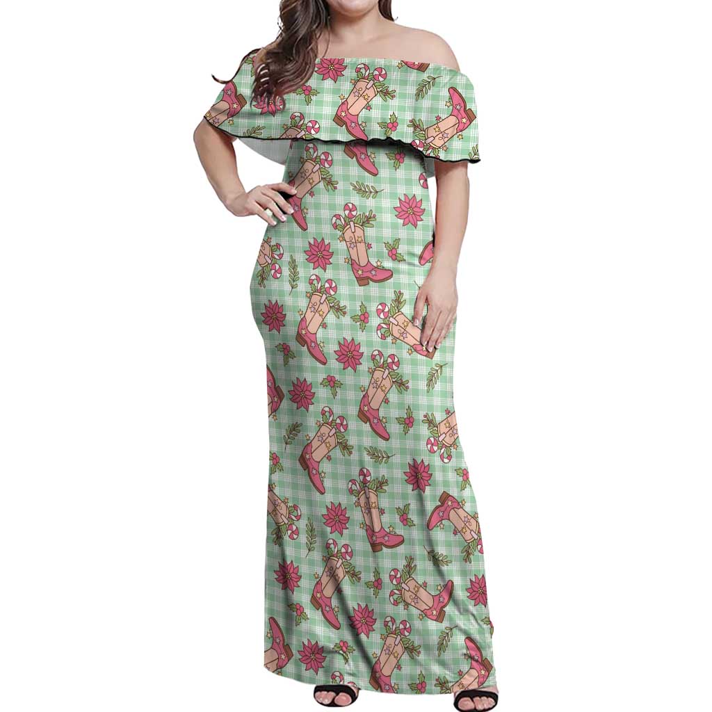 Green Paniolo Palaka Hawaiian Cowgirl Christmas Off Shoulder Maxi Dress - Polynesian Pride