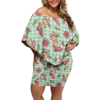 Green Paniolo Palaka Hawaiian Cowgirl Christmas Off Shoulder Short Dress - Polynesian Pride
