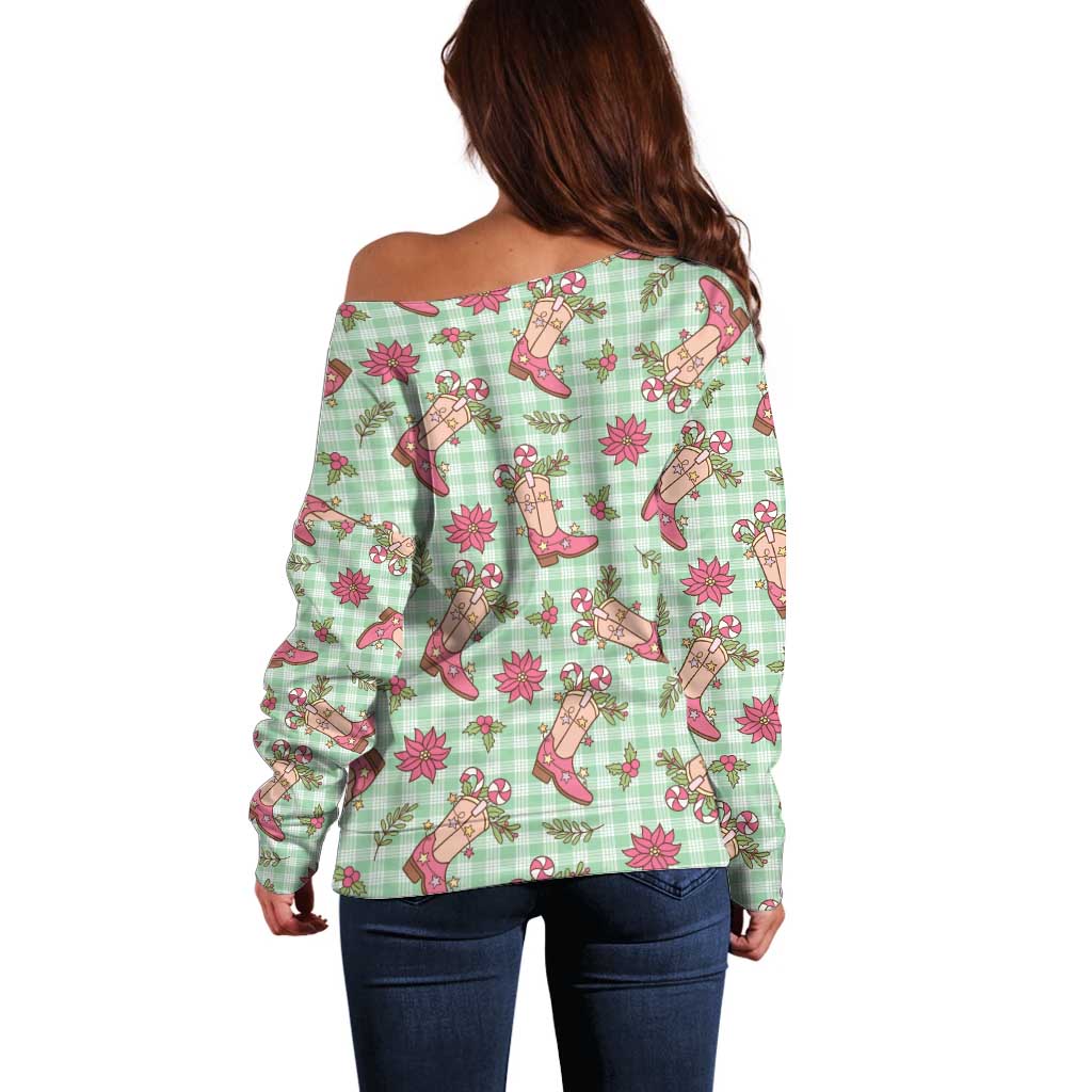 Green Paniolo Palaka Hawaiian Cowgirl Christmas Off Shoulder Sweater - Polynesian Pride