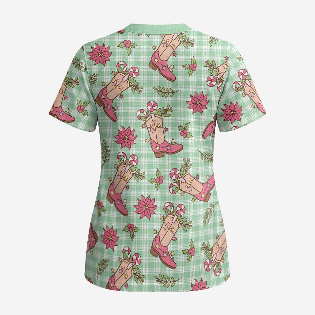 Green Paniolo Palaka Hawaiian Cowgirl Christmas Scrub Top LT9 - Polynesian Pride