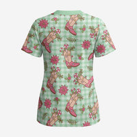 Green Paniolo Palaka Hawaiian Cowgirl Christmas Scrub Top LT9 - Polynesian Pride